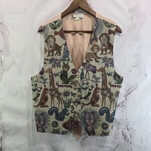 Vintage Tapestry Vest Womens Large Animal Squirrel Frog Woven Carpet Safari